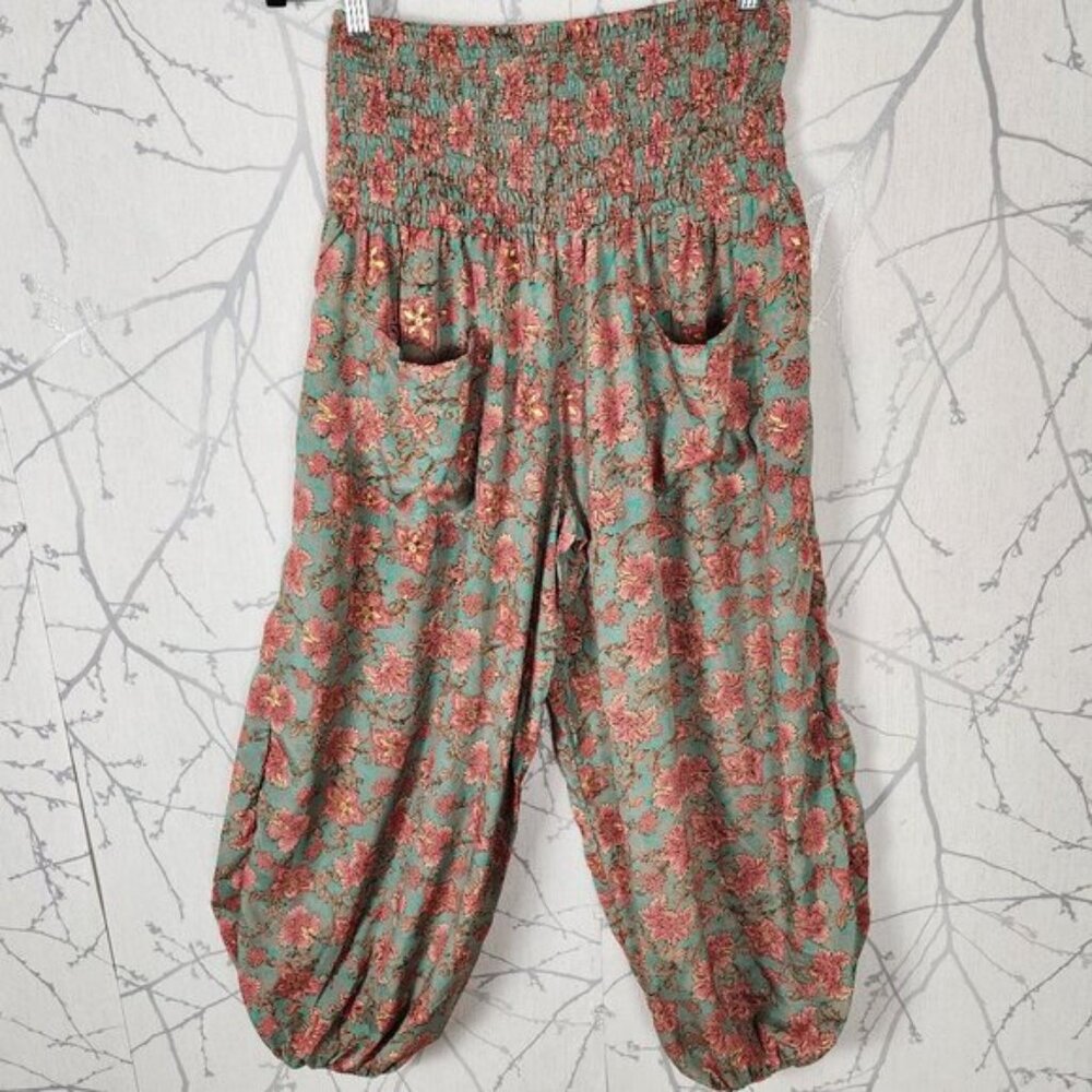 Alchemy Green Floral Print Smocked High Rise Harem Parachute Pants